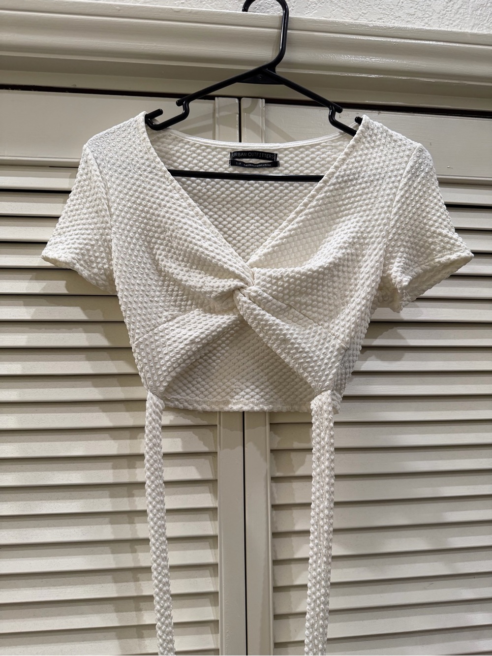 Urban Outfitters White Textured Twist-Front Cropped Top with Ties